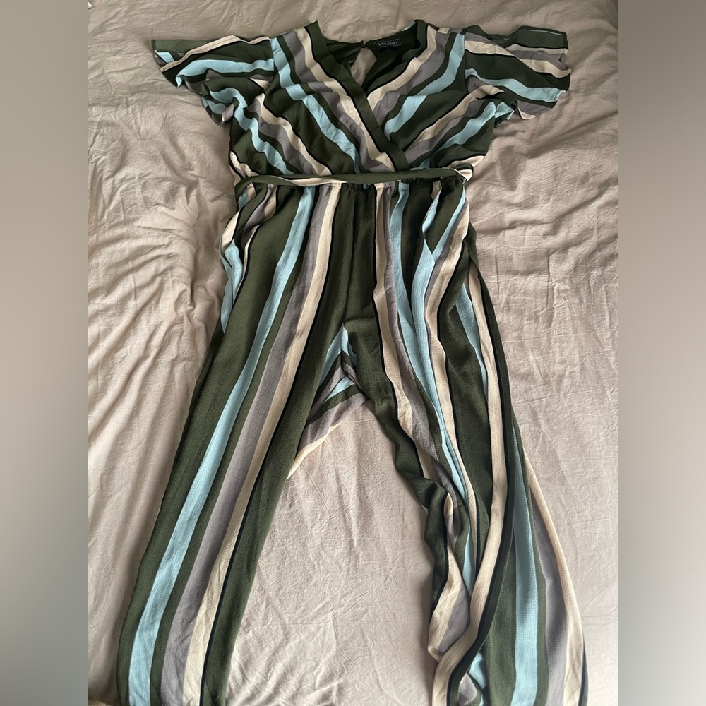 Striped Multicolored Green Tan Blue V Neck Wide Leg Tied Jumpsuit Romper